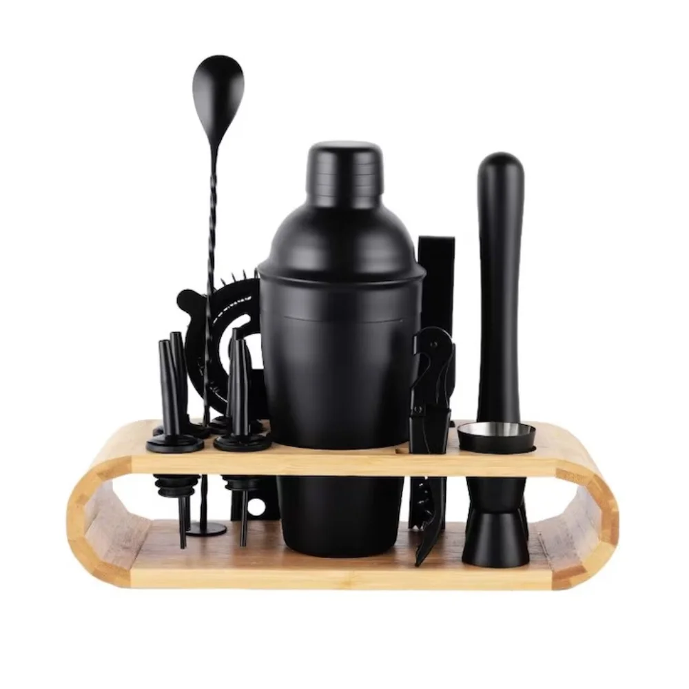 Бармански комплект 11 части с дървена поставка - Black